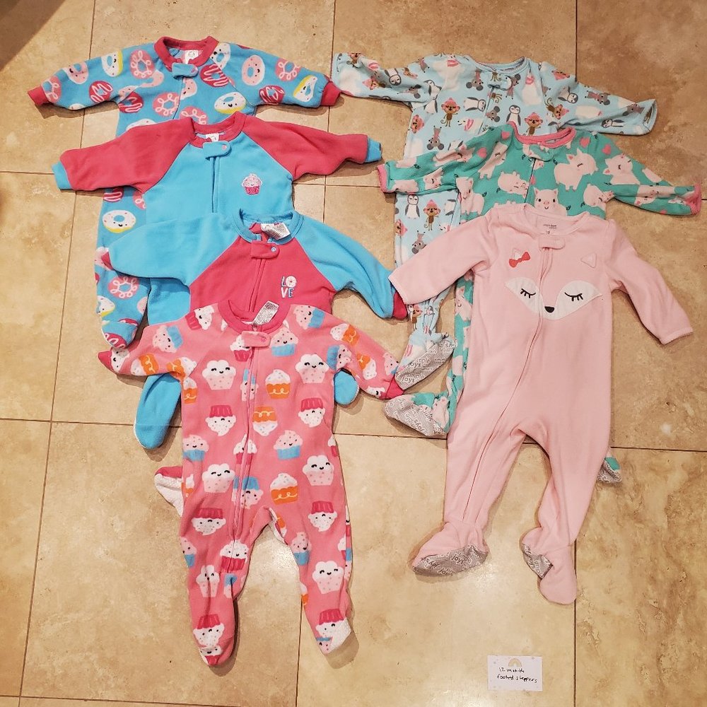 Lot of 7 Girl's Footed Sleepers 12 months